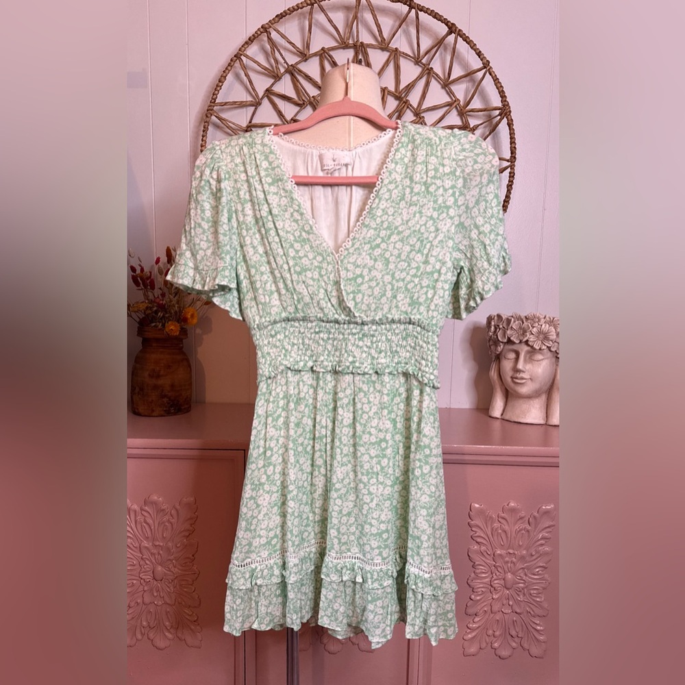 Lost + wander Green and White Lace Trim Dress XS‎